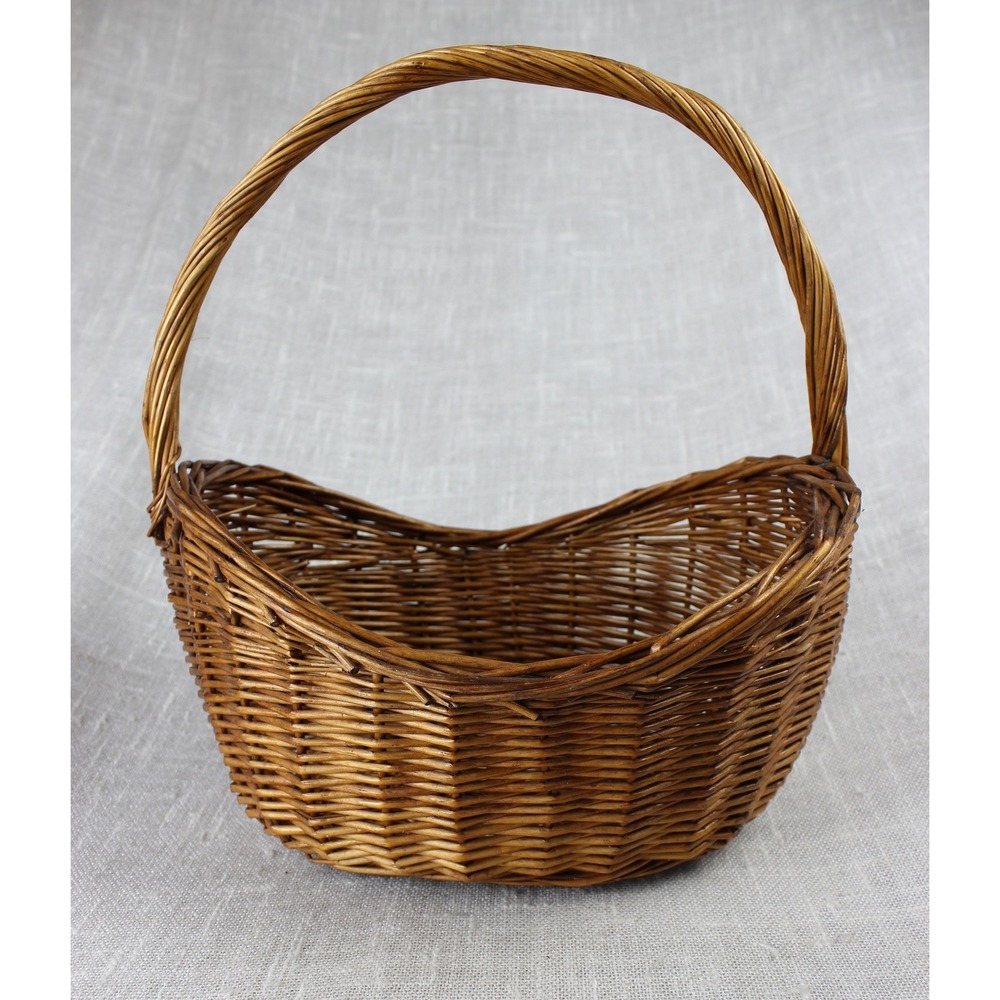Vintage Woven Wicker Basket with Handle Brown Willow Picnic Gathering Decor